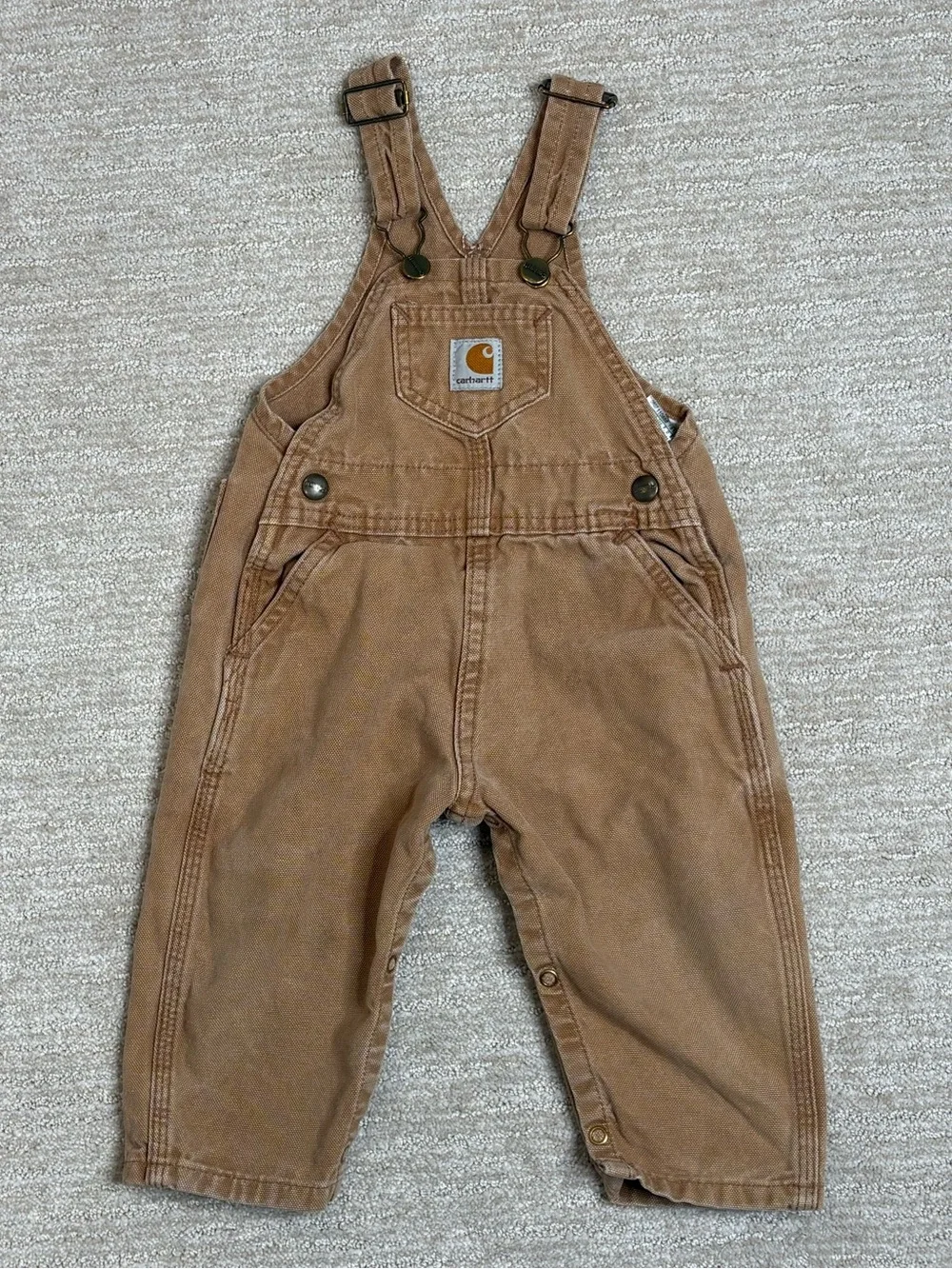 VTG Carhartt Baby Toddler Duck Bib Overalls Size 24M Leg Snaps One Piece Camel
